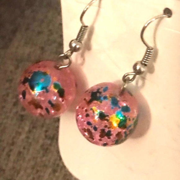 Paint Splatter Dome Ball Bubble Bauble Pink Sparkle Bead Dangle Earring Art Deco - Picture 2 of 8